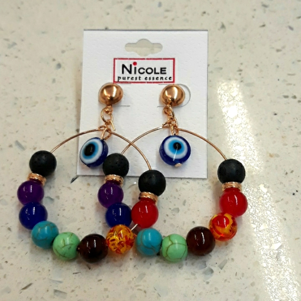 Chakra Evil Eye Beaded Rainbow Hoop Earrings